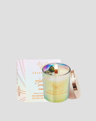 Sojawachs-Kerze mit Regenbogen-Fluorit und rosé Champagner im Glasbehälter Crystallove_3 - 3