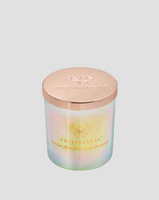 Sojawachs-Kerze mit Regenbogen-Fluorit und rosé Champagner in einem Glasbehälter Crystallove - 1