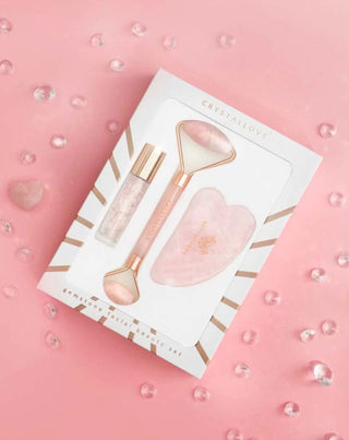 Gesichtsroller + Gua Sha Teller + Roll-on-Flasche Rosenquarz-Beauty-Set Crystallove