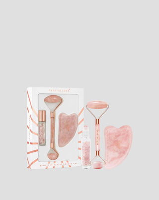 Gesichtsroller + Gua Sha Platte + Roll-On-Fläschchen Rosequarz Beauty Set Crystallove