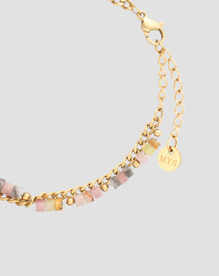 Vergoldetes Edelstahlarmband mit rosa und zitronengelber Jade Mys_4 - 4
