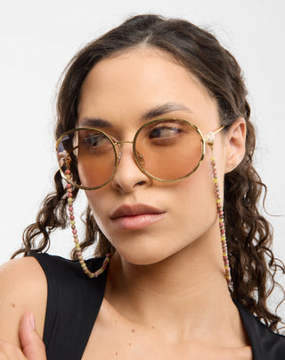 Vergoldete Brillenkette mit rosa und zitronengelber Jade Mys_2 - 3